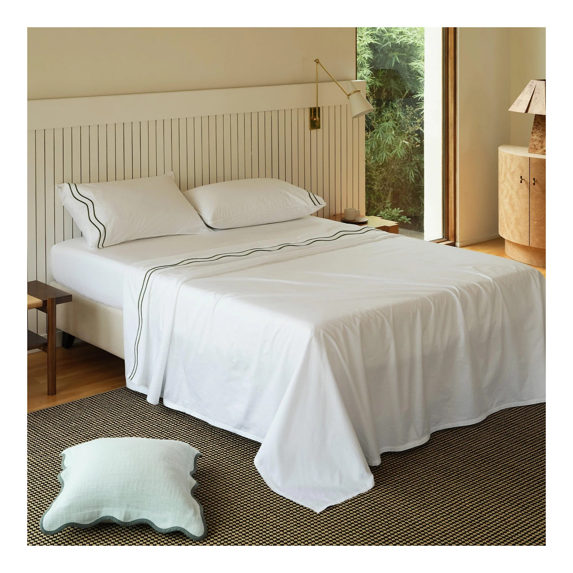 Double Stitch 100% Supima Cotton Sateen Weave Embroidery Sheets Set, Olive Green White, King Sheet Set