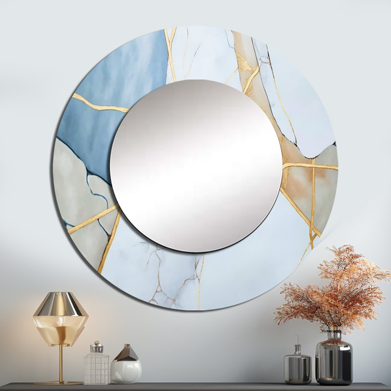 Panfilia Abstract Geode White I - Marble Decorative Mirror, White Round Wall Mirror, Printed Metal Art, 23" x 23"
