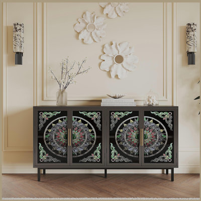 Armoire décorative 60,3 po avec 4 portes, armoire en fer et métal avec cadre en verre peint, armoire de rangement artistique, armoire d'entrée