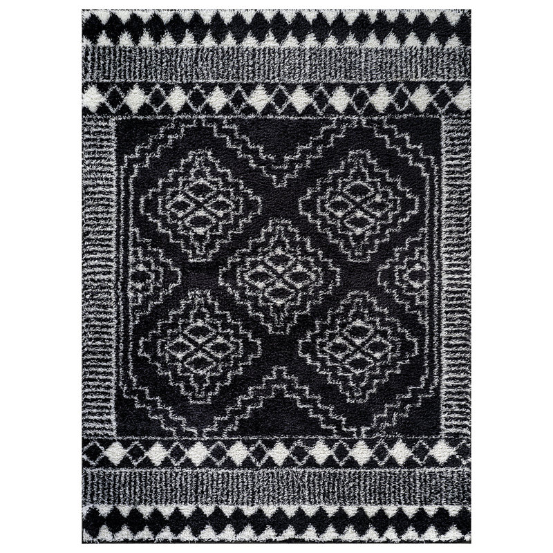 Geometric Shag Rug – Anthracite Dark Gray – Medium Pile, Soft Texture, Kid Friendly, Rectangle 4' x 6'