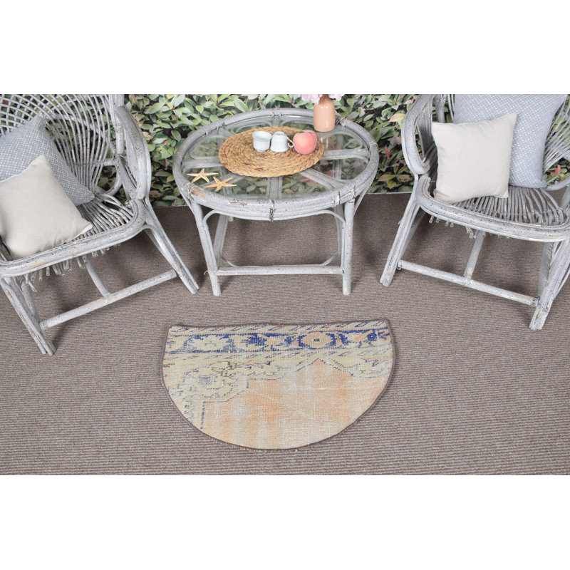 Handcrafted Beige and Blue Half Circle Door Mat for Vintage-Inspired Rustic Home Decor