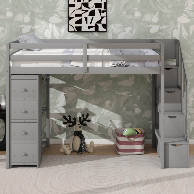 Structure de lit mezzanine simple en bois avec quatre tiroirs et tablettes de rangement, Gris