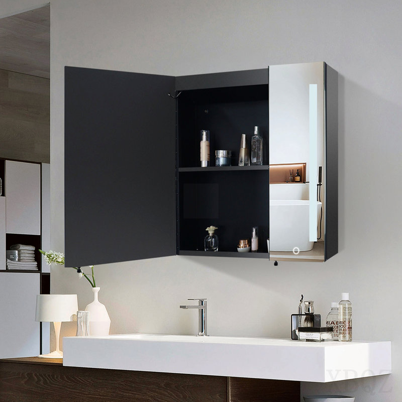 Surface de l'armoire à pharmacie 30x26 pouces avec miroir à DEL noir, désembueur, antibuée, lumières à intensité variable