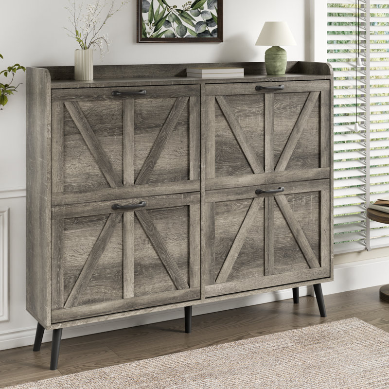 Shoe Cabinet With 4 Flip Drawers, Freestanding Farmhouse Shoe Organizer Cabinet, Washed Gray