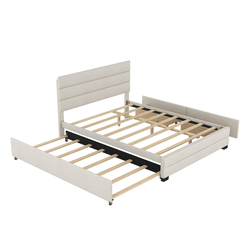 Grand lit plateforme tapissier avec lit gigogne simple et deux tiroirs, beige