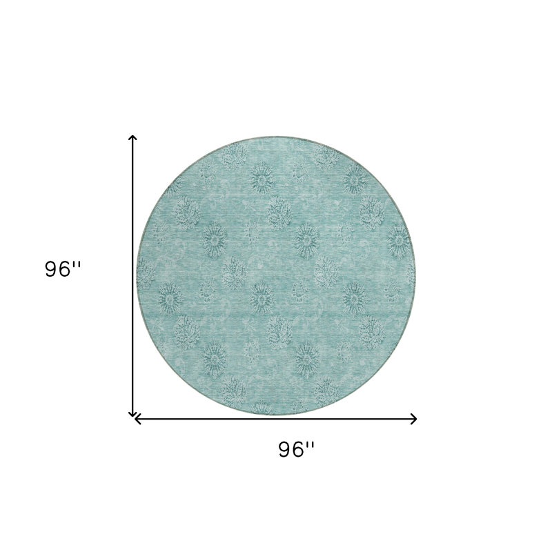 Tapis extérieur rond lavable floral bleu sarcelle et ivoire 8 pi
