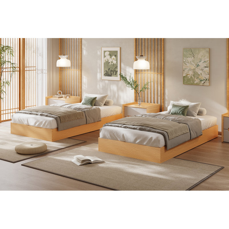 Twin Size Bed Frame, Wood Platform Bed Without Headboard, Floor-Standing Bed Frame, Wooden Slats Support, No Box Spring Required, Walnut