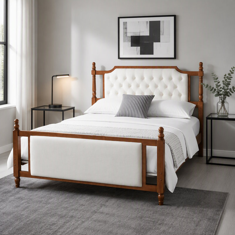 Lit plateforme tapissier avec tête de lit capitonnée à boutons, lit en bois avec tête de lit et pied de lit, Grand lit, Brun
