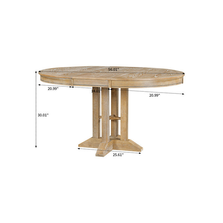 Lenai Vintage Rustic Washed Style Round 58.01'' Extendable Dining Table with Removable Leaf and Wooden Base Suitable for Kitchen, Dining Room, Dining Area