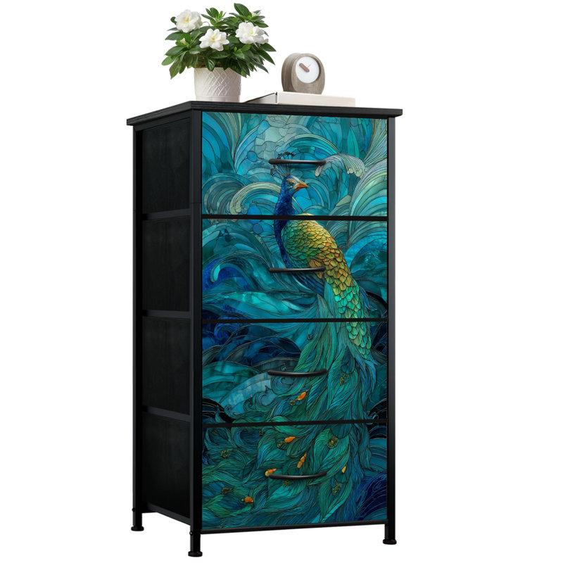 blue stained dresser Latitude Run® Glass Style for Bedroom with 4 Storage Drawers Mesmerizing Peacock Stained Glass Ethereal Dressers Chest of Drawers Steel Framed Fabric Closet Organizers for Dorm Entryway Bow Sequin Shift Dress microcategory:Sundress Color:Picture Color(Red)