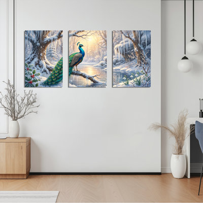Ensemble de 3 tableaux sur toile représentant un paon dans une forêt d'hiver