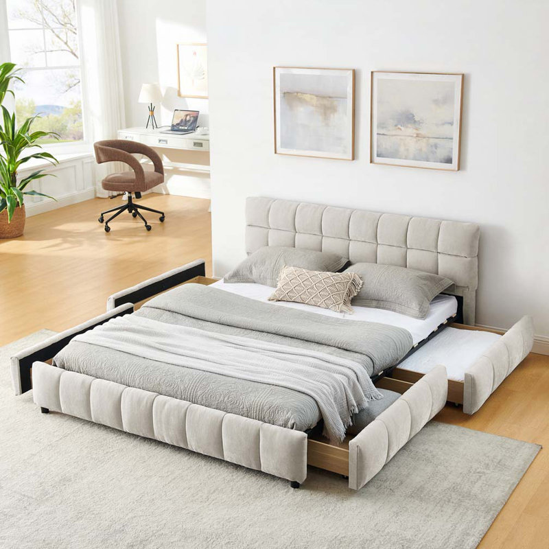 Lit tapissier à 4 tiroirs Chenille, Beige, Grand