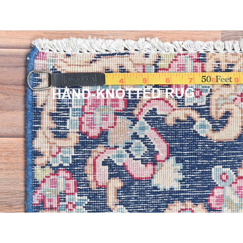 Tapis oriental carré carré en laine nouée à la main délavée à l'allure vieillie 1 pi 7 po x 1 po 7 po bleu marine et vieux persan Kerman