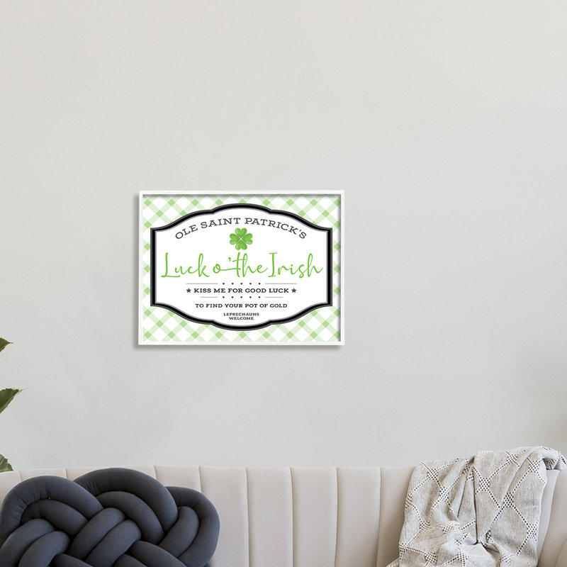 Saint Patrick's Luck of the Irish Sign Green Plaid - art textuel, H 16 po x l 20 po, Cadre noir