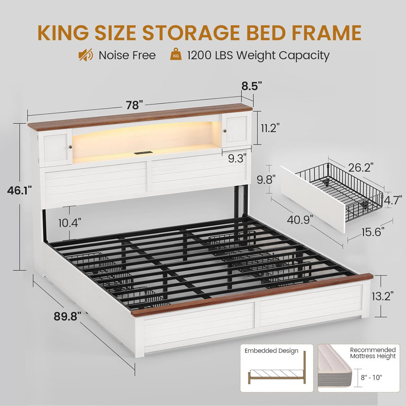 Farmhouse King Storage Bed Frame with Bookcase Headboard, LED Lights, Charging Station & 4 Drawers, Wood Platform Bed, White