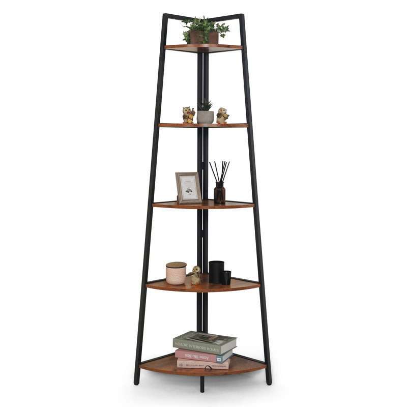 Étagère de coin à 5 niveaux, bibliothèque de rangement en bois pour échelle avec cadre en métal, bibliothèque polyvalente pour bureau à domicile, chêne rustique   