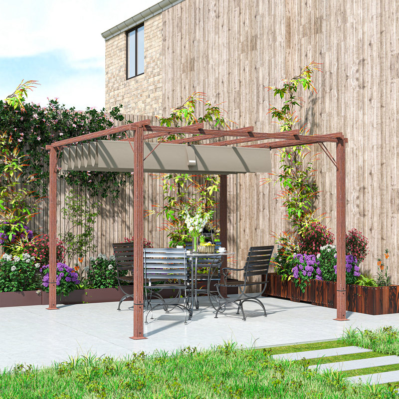 Outsunny 3 x 3(m) Garden Pergola with Retractable Roof Canopy and Wood Grain Aluminium Frame, Natural