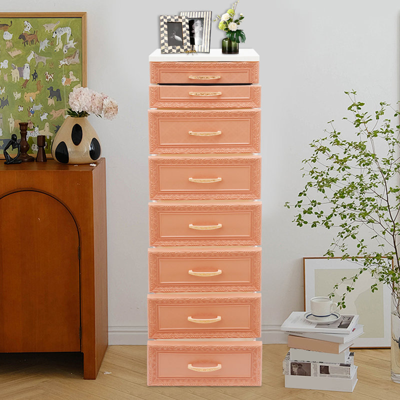 Storage Cabinet, Storage Organizer With Drawers And Wheels, Orange