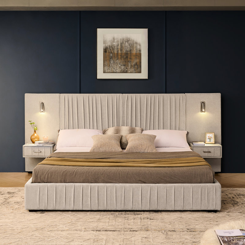 Très grand cadre de lit tapissier très grand avec chenille plissée et angle réglable - tête de lit plateforme, table de chevet, lampes, tête de lit beige