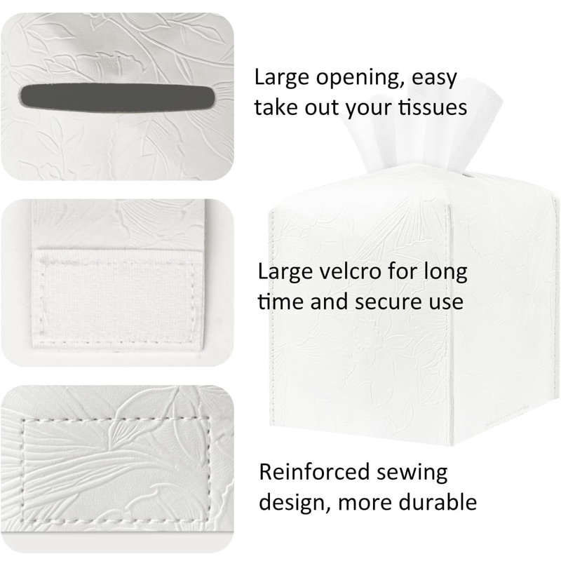 PU Leather Tissue Organizer with Bottom Belt and High Performance Hook and Loop Fastener, White