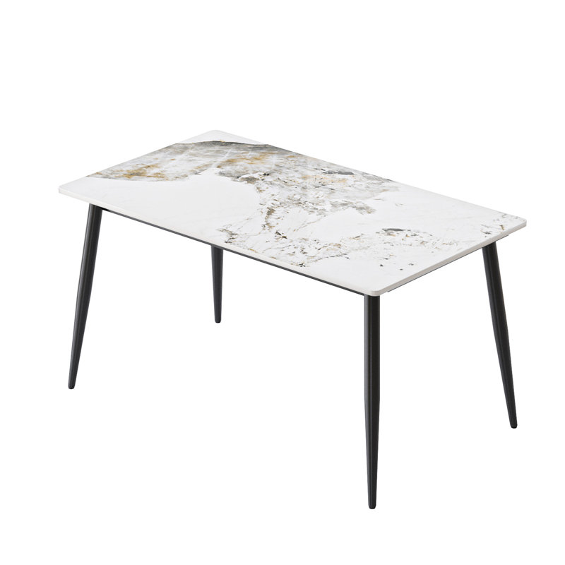 Blanc, moderne, rectangulaire, en pierre frittée, table de salle à manger, 56,53 po, pouvant accueillir 6 personnes, tache, ignifuge, facile à nettoyer, base stable de haute dureté, style moderne, pieds en métal noir, salissure, pièce