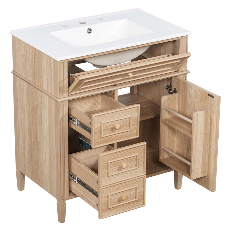 Meuble-lavabo moderne avec lavabo en céramique et rangement escamotable, Bois clair