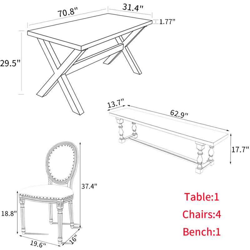American Style Solid Wood Rectangular Dining Table, 29.5"H x 70.8"L x 31.4"W, 6 Pieces: Table, Bench, 4 Chairs