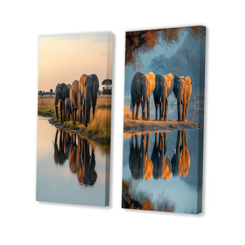 Éléphants d'Afrique au bord de la rivière I - Collection d'art mural animaux 2 pièces, 28" H x 25" W, Toile tendue
