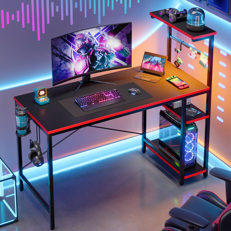 Monike 44'' W Computer Desk With Led Lights & Reversible Storage Shelves,Home Office Desk With Hooks, CPU Stand,Cup Holder and Cloud Magnets.