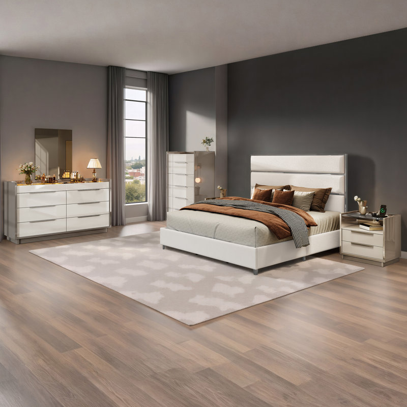High Gloss Led Clothes Dresser, 8 Drawer Dressers With Tempered Glass Top, Gray/Cream, Gray/Cream