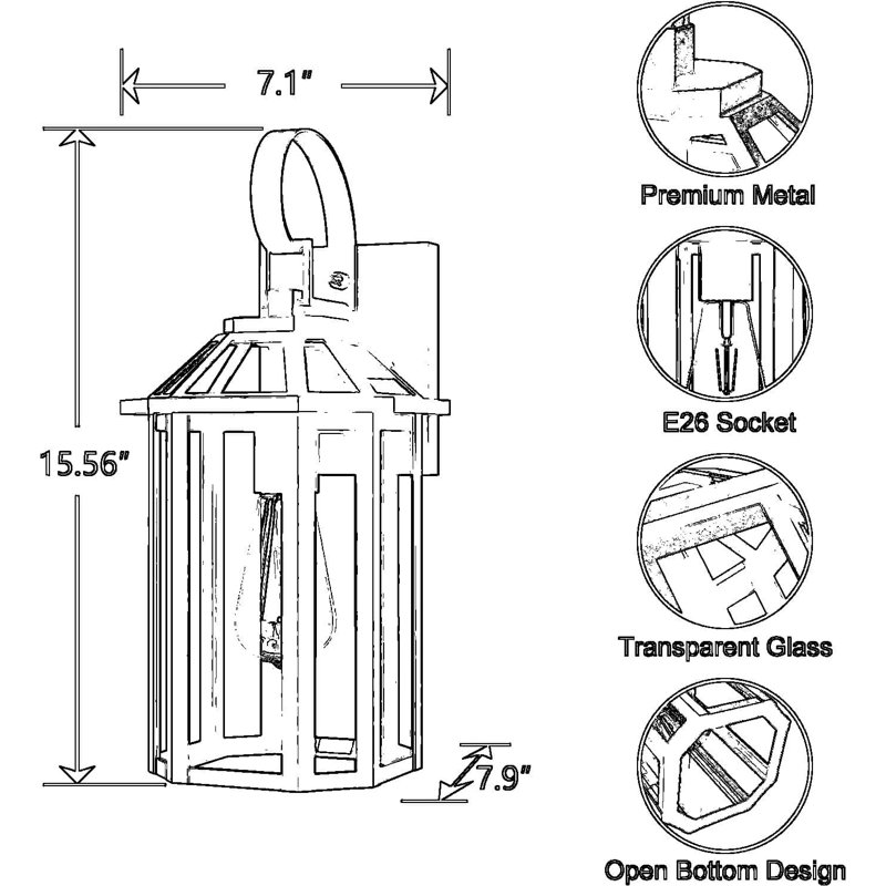 Applique murale d'extérieur avec panneaux en verre transparent, lanterne extérieure imperméable pour porche, garage et maison, compatible avec une base d'ampoule E26