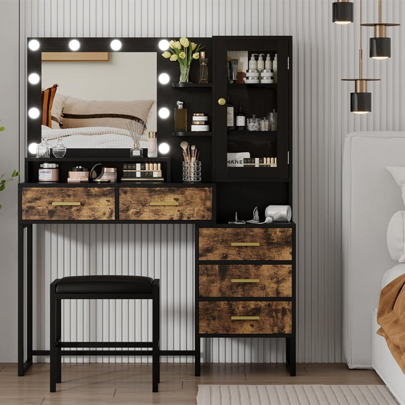 Makeup Vanity With Mirror & Lights & Led Bulbs, Black/Brown