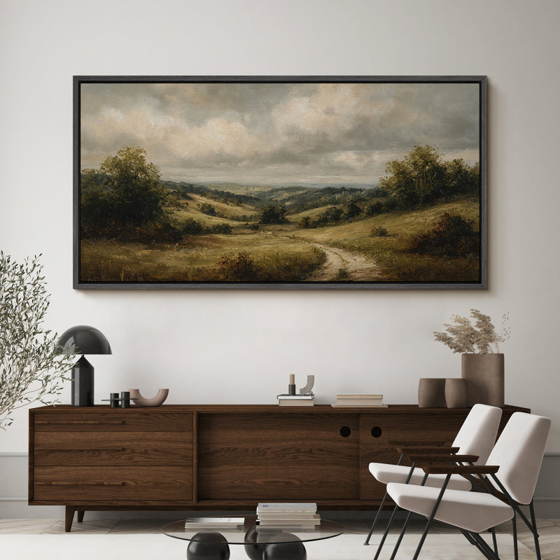 Rolling Countryside Landscape Large Framed Canvas Print Wall Art for Traditional Rustic Decor, Black, 30" H x 60" W