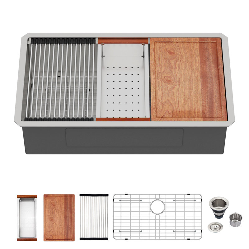 Évier de cuisine encastré 33 po x l 19 po à cuve simple en acier inoxydable calibre 16