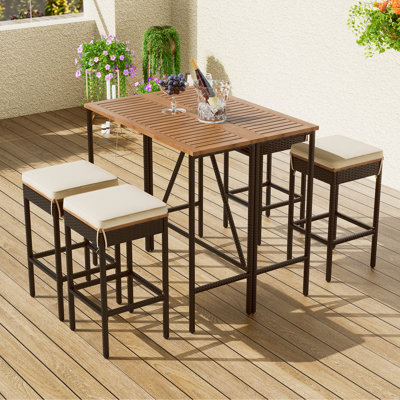 Table de bar 5 pièces et 4 tabourets avec coussins pour l'extérieur