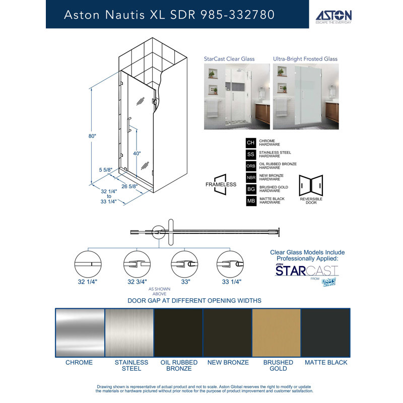 Nautis XL 32.25 - 33.25 in. W x 80 in. H Hinged Frameless Shower Door with Clear StarCast Glass, Matte Black
