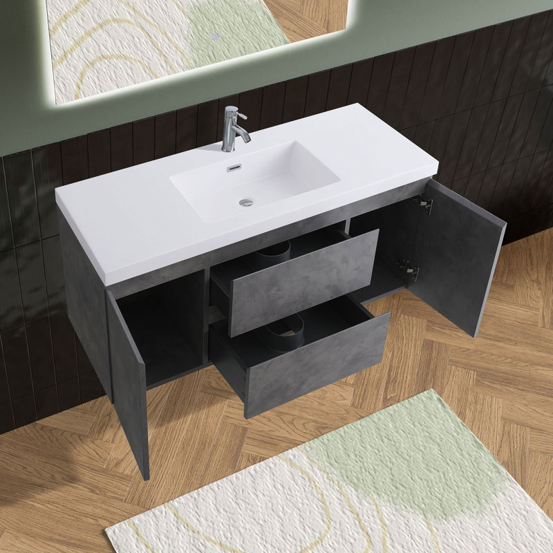 48" Modern Floating Bathroom Vanity with Integrated Sink with Overflow, Carrara Marble Laminate, Gray