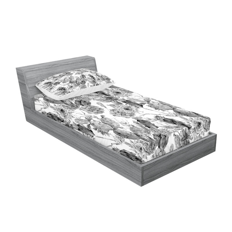 Ensemble de draps et taies décoratives Ambesonne Cactus, gris et blanc, Ensemble de draps pour lit simple + 1 drap-housse 