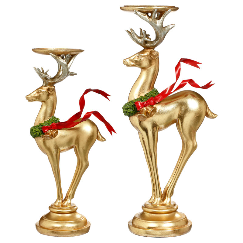 Porte-bougie Holiday, cerf sur piédestal, ensemble de 2 - 13 à 16 pouces