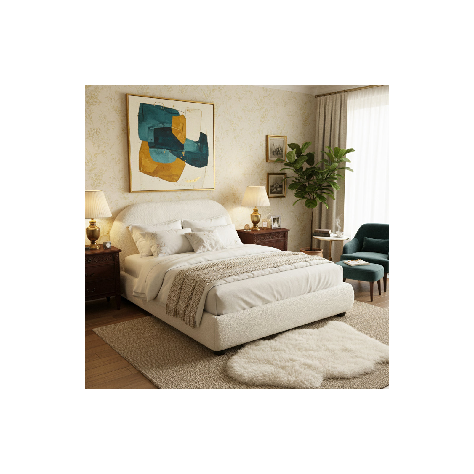 Tesso Upholstered Bed , Cream, Queen