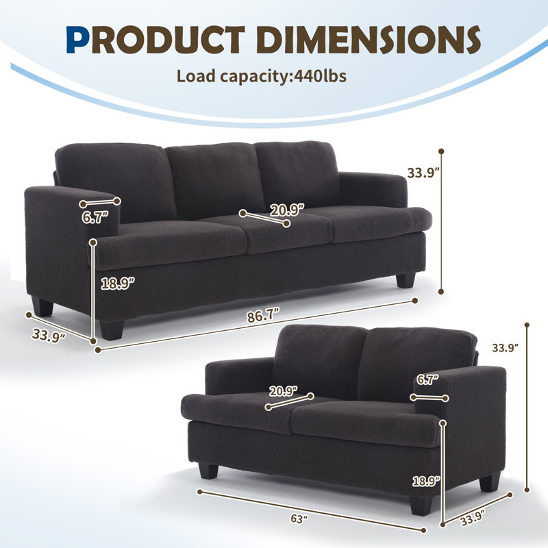 Derrald 2-Piece upholstered modern sofa set, Black, Gray Velvet