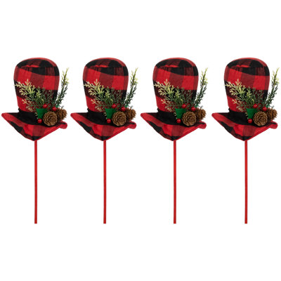 Set Of 4 Red And Black Plaid Plush Winter Hat Christmas Picks 15"