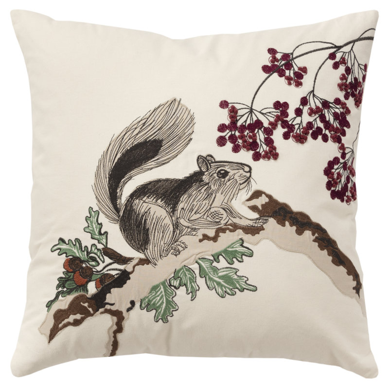Ivory and Multicolor Embroidered Cotton Woodland Animal Throw Pillow