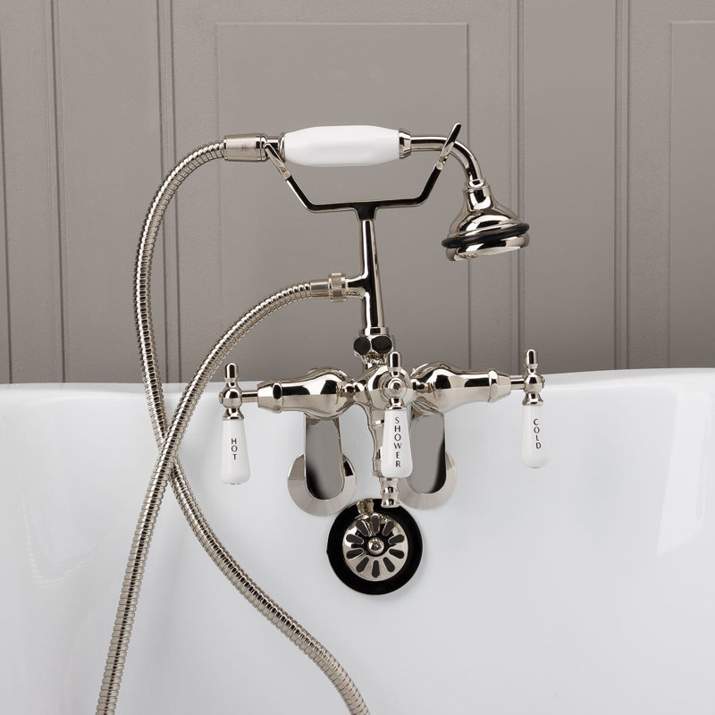 Robinet de baignoire sur pattes à 3 poignées, Nickel poli