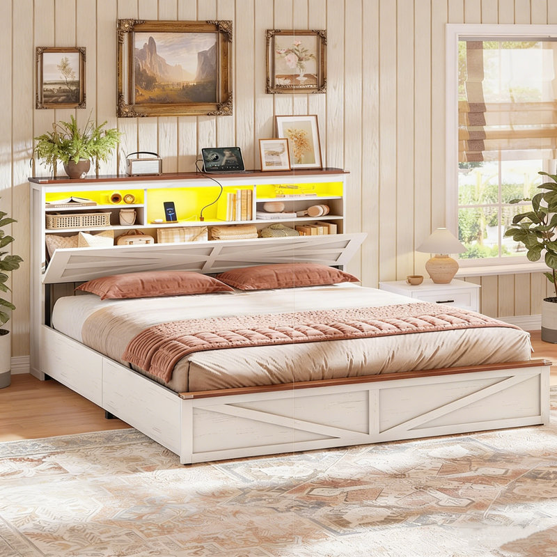 Farmhouse Queen Bed Frame with Lift-Up Storage, 3-Tier Bookcase Headboard & LED Lights, White, Queen, White