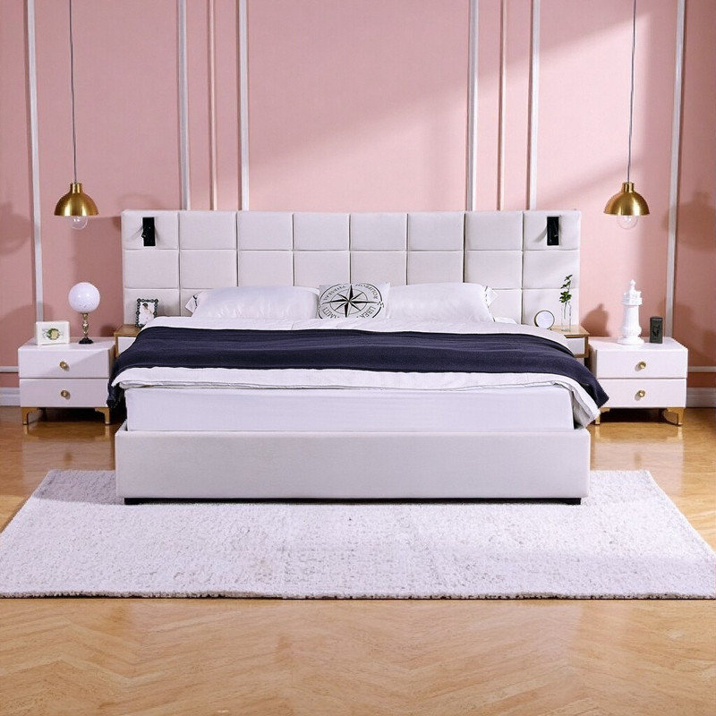 Très grand lit de rangement très grand avec tête de lit à DEL et charge USB, lit plateforme tapissier en velours, Beige