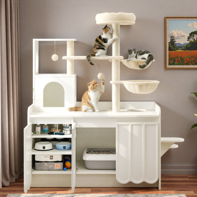 Arbre à chat avec bac à litière, tablettes réglables, hamacs doubles, escaliers latéraux, jouets suspendus et poteaux à griffer en sisal