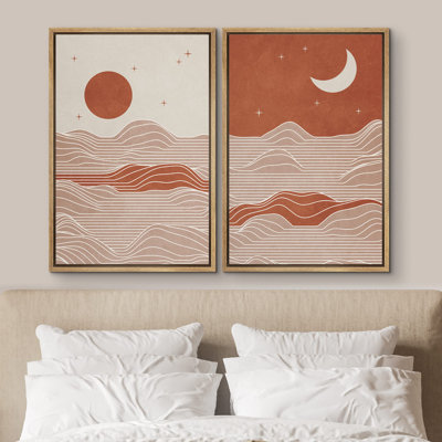 Multicolore, soleil et lunes au-dessus des montagnes, nature sauvage, illustrations, moderne, rustique