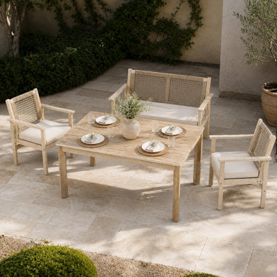 Ensemble de salle à manger 4 pièces en bois d'acacia avec table rectangulaire, banquette deux places et deux fauteuils, mobilier de jardin tressé en corde