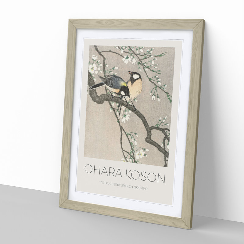 Tits on a Cherry Branch by Ohara Koson - Picture Frame Painting, 36cm H x 27cm W x 2cm D, Oak Framed